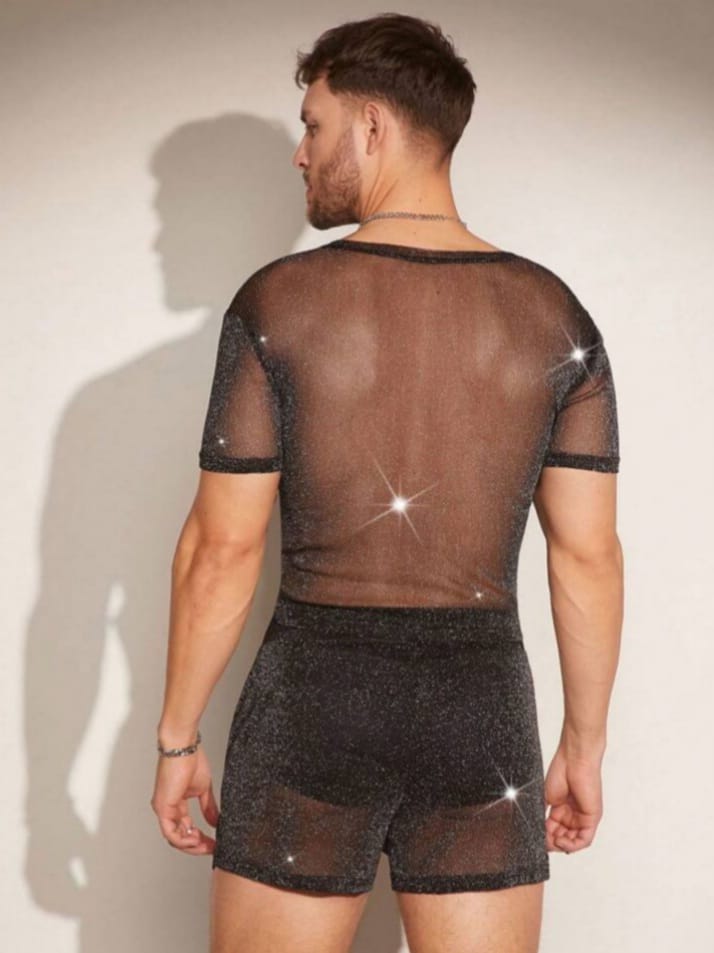 Feline Men's Summer Shiny Mesh Round Neck Short Sleeve T-Shirt & Short Sleepwear Set